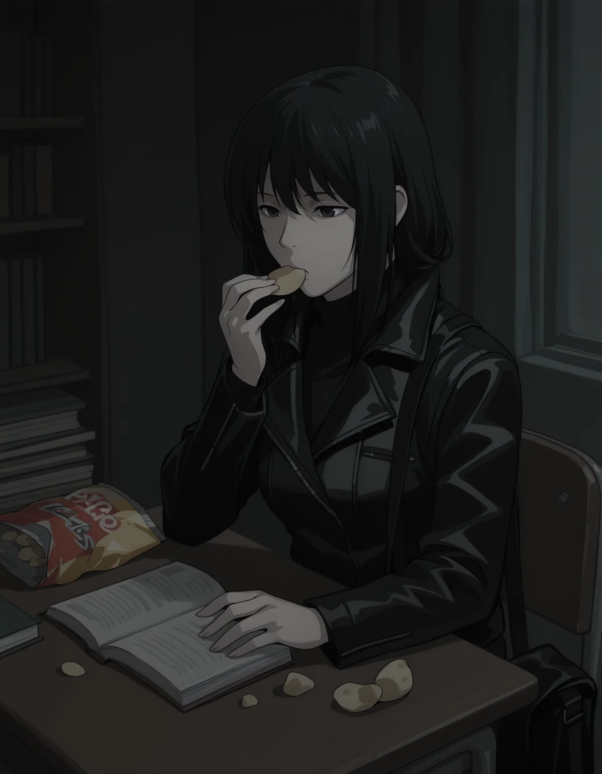 <lora:naomi-illustrious-000020:1> n4om1dn, turtleneck, jacket,
1girl, solo, sitting, eating, potato chips, desk, book, bag of chips, dark, indoors