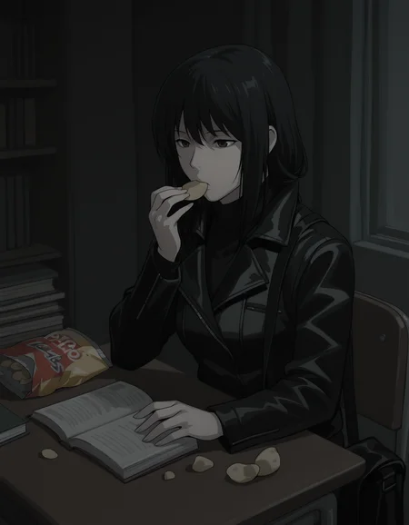 <lora:naomi-illustrious-000020:1> n4om1dn, turtleneck, jacket,
1girl, solo, sitting, eating, potato chips, desk, book, bag of chips, dark, indoors