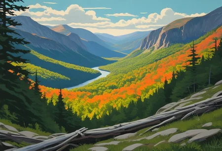 Silkscreen, ((WPA style)), (national parks style), Bold vivid natural colors, limited color palette, painting, HDR (Franconia Notch | Appalachian Trail)