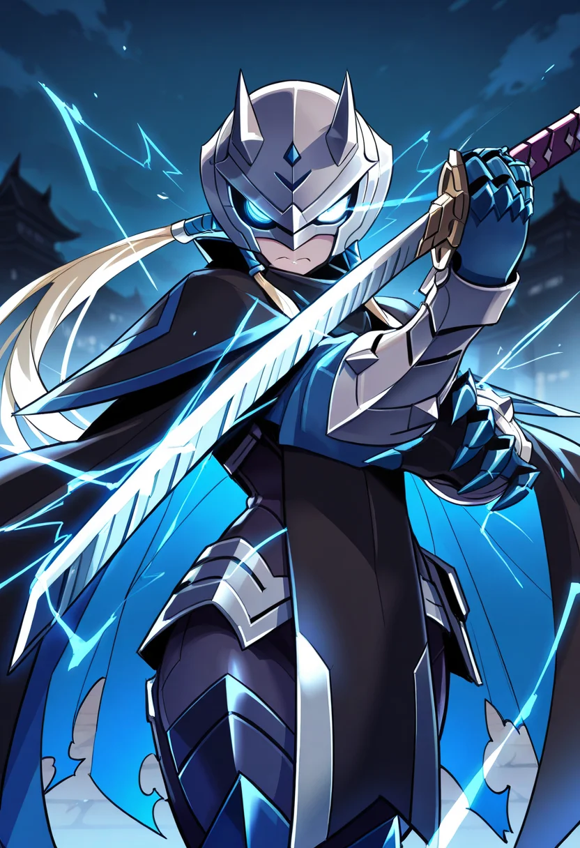 masterpiece, best quality, newest, absurdres, highres,very aesthetic, <lora:blade:1>, g.v.blade, horned helmet, glowing eye, cape, gauntlets, armor, armored boots, sword, holding sword, electricity, upper body, looking at viewer, night, angry, cowboy shot,
