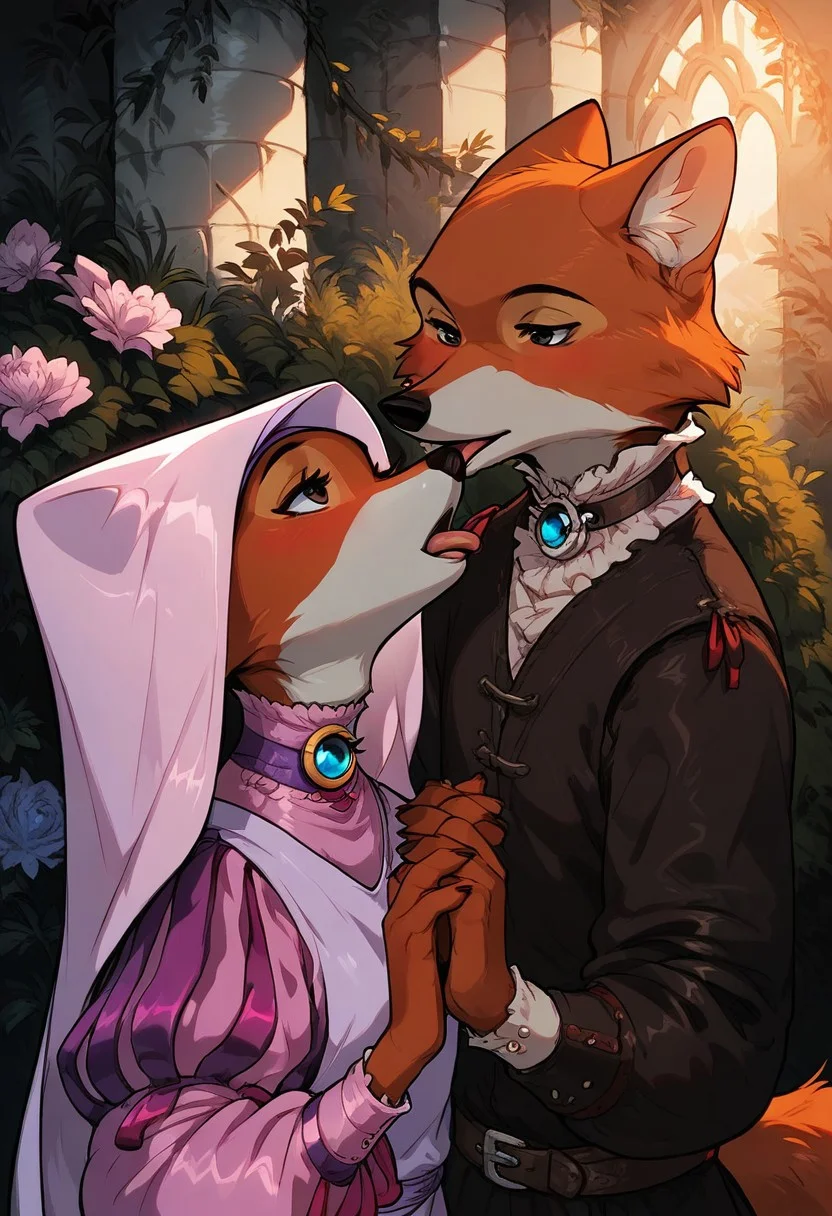 score_9, score_8_up, score_7_up, score_6_up, 1 anthro fox girl, Maid Marian, sexy face, cute face, blue eyes, hazel eyes shy , nose blush, medium boobs, chest up, grey fur, bald, fullbody, (medieval church background:1,2), 3/4 side view, full body view, BREAK, 1boy, Robin Hood, anthro fox, male, forest hunter clothes, BREAK, duo, 2charachters, Robin Hood kisses MAid Marian with french kiss