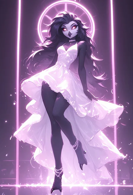 score_9, score_8_up, score_7_up, score_6_up, 1girl, solo, octavia, octavia, avian bird demon owl owl_demon, beak, red sclera, from hellova boss, anthro furry, long hair, nightclub outfit, tight white dress, perfect face, perfecteyes, sexy, sexy girl, beautiful eyes,  dancing, dynamic angle, full body shot, red eyes, glowing eyes, pop star, , neon lights, glowing lights