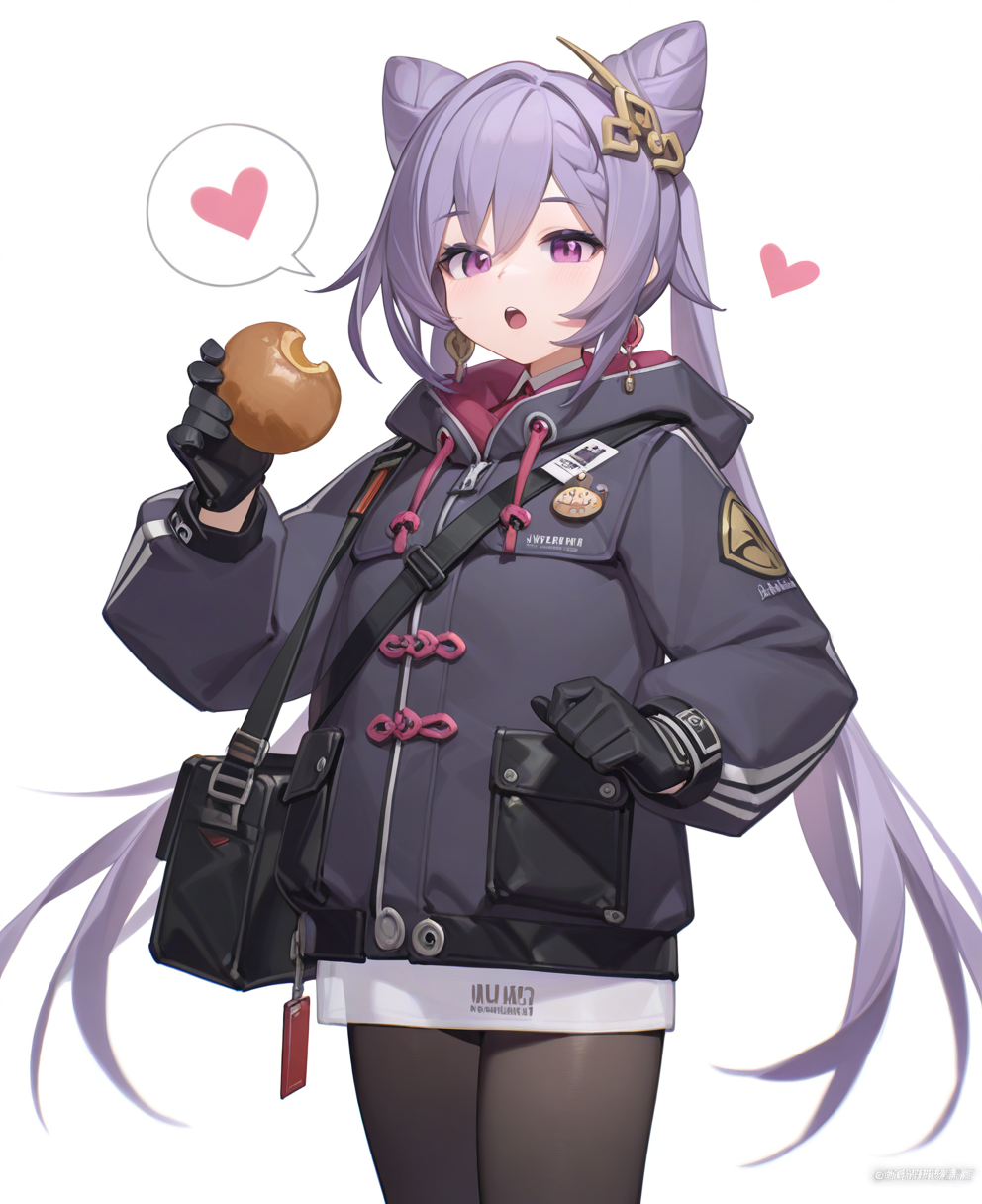<lora:xiaolu:1>, xiaolu,
(masterpiece), (best quality), (ultra-detailed), amazing quality, very aesthetic, illustration, perfect composition, intricate details, absurdres, incredibly absurdres, shiny skin, realistic,
 xiaolu, 1girl, purple hair, purple eyes, hair bun, white background, twintails, looking at viewer, pantyhose, long hair, simple background, heart, gloves, solo, black pantyhose, food, jacket, bag, long sleeves, open mouth, hood, , cone hair bun, black gloves, hair ornament, double bun, twitter username, alternate costume, general