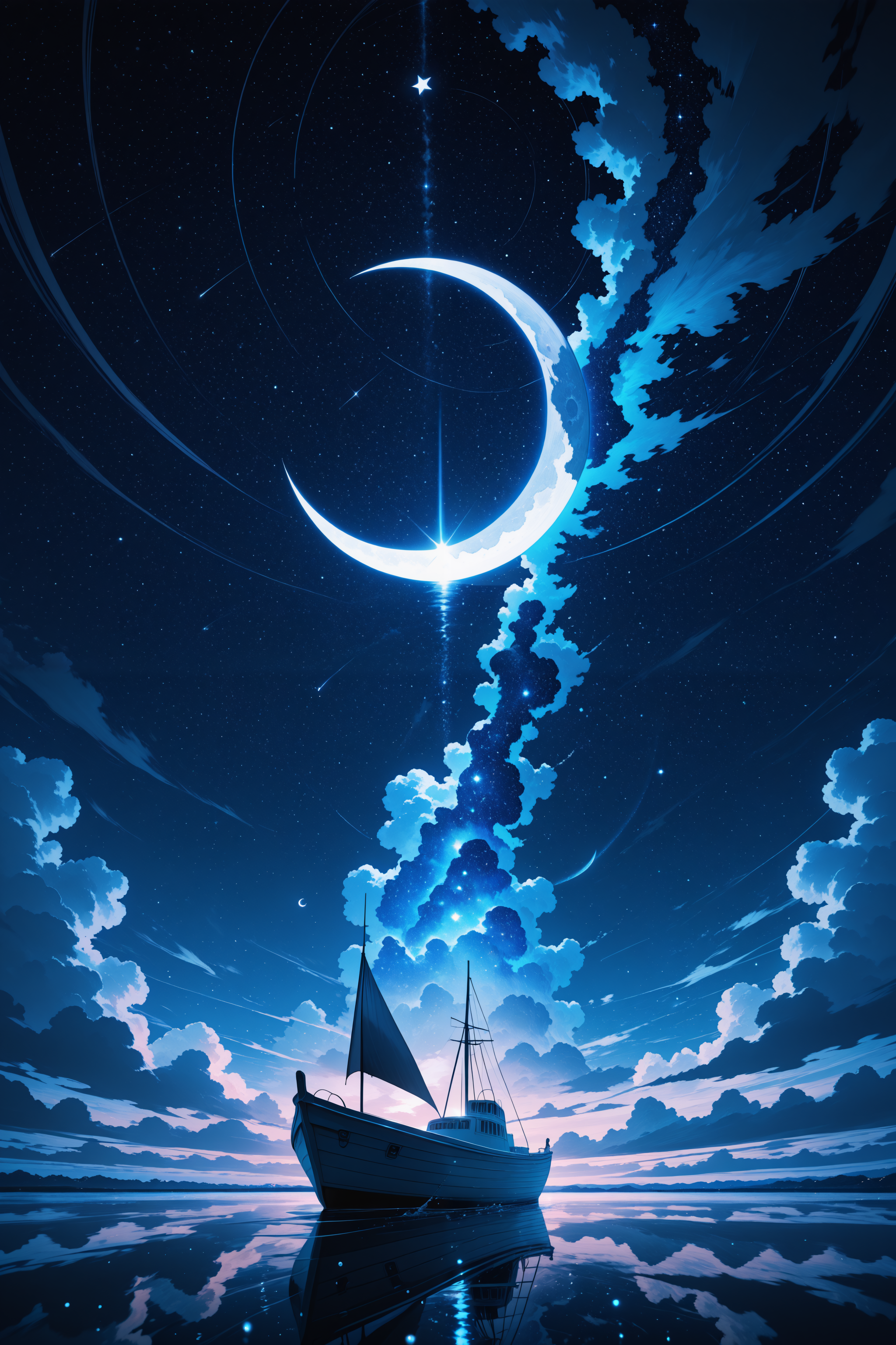 lazypos, masterful shading, high contrast, blue theme, limited palette, large crescent moon, many stars, cloud, sky, water bubble, night sky, no humans, star \(sky\), boat, night, layered, dimensional, depth of field, precision cut, stacked layers, high contrast, giving the image a dreamlike quality, colored lighting, natural lighting, dramatic lighting, particles, three-quarter view, canted angle,