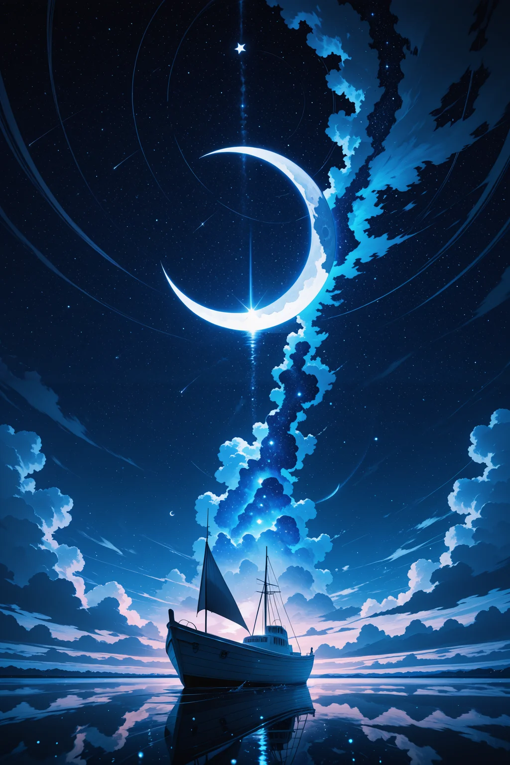 lazypos, masterful shading, high contrast, blue theme, limited palette, large crescent moon, many stars, cloud, sky, water bubble, night sky, no humans, star \(sky\), boat, night, layered, dimensional, depth of field, precision cut, stacked layers, high contrast, giving the image a dreamlike quality, colored lighting, natural lighting, dramatic lighting, particles, three-quarter view, canted angle,