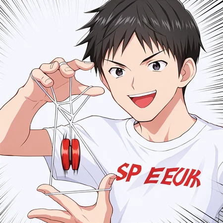 <lora:SPSB_pony_v01:1> spsb, hand up, upper body, white background, speed lines,
1boy, smile, open mouth, t-shirt, short hair, black hair