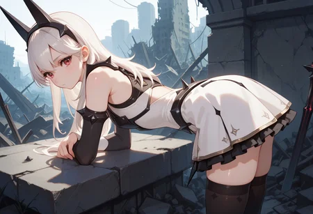 absurdres, masterpiece, best quality, very aesthetic, HDR, 8K, ultra-detailed, anime, 748cmstyle, bent over, ruins, side view,
1girl, PrincessLexa, solo, long hair, white hair, bangs, hairband, red eyes, black thighhighs, detached sleeves, bare shoulders, white dress, armor, spiked dress, skindentation, shiny skin, dominant female, (skinny), looks at viewer,