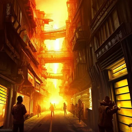 RAW photo, (masterpiece:1.3), subsurface scattering, heavy shadow, (high quality:1.4), (intricate, high detail:1.2), professional photography, HDR, High Dynamic Range, realistic, ultra realistic, photorealistic, high resolution, ambient lighting, atmospheric effects, OverallDetail, alley, building, city, hood, lamppost, multiple boys, multiple girls, neon lights, night, nightcity, outdoors, people, road, scenery, science fiction, sign, sky, skyscraper, solo, street, sunlight, weapon, epiCPhoto