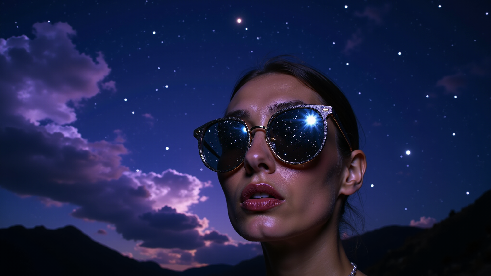 A striking close-up shot captures the reflection in a womanâs sunglasses, revealing a breathtaking night sky filled with an array of bright stars and shimmering constellations. The deep indigo backdrop of the cosmos is dotted with sparkling whites and hints of cosmic gold, creating an enchanting panorama that draws the eye in. Wispy clouds of violet and midnight blue weave throughout the scene, enhancing the ethereal quality of the sky. The sunglasses flawlessly reflect this celestial spectacle while their sleek frames accentuate the luminous display. The woman's gaze peers contemplatively into the night, her features softened by the soft glow of starlight, while a gentle breeze hints at the tranquility surrounding her. The blurred outlines of the landscape frame the scene, ensuring that the mesmerizing cosmic view remains the focal point, invoking a sense of wonder and the infinite beauty of the universe.
<lora:C183kw8rx_v3_c5f1f0ef:1.4> <lora:retro-futurist-cosmic-surrealism-flux:1.1>