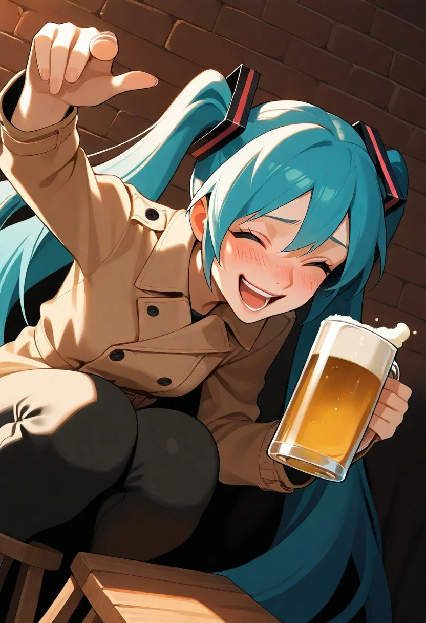 1girl, solo, hatsune miku, lips, trench coat, holding beer mug, laughing, slav squatting, on wooden stool, closed eyes, blush, brick wall, pointing forward, dutch angle, dark night, sidelighting, masterpiece, best quality, very aesthetic