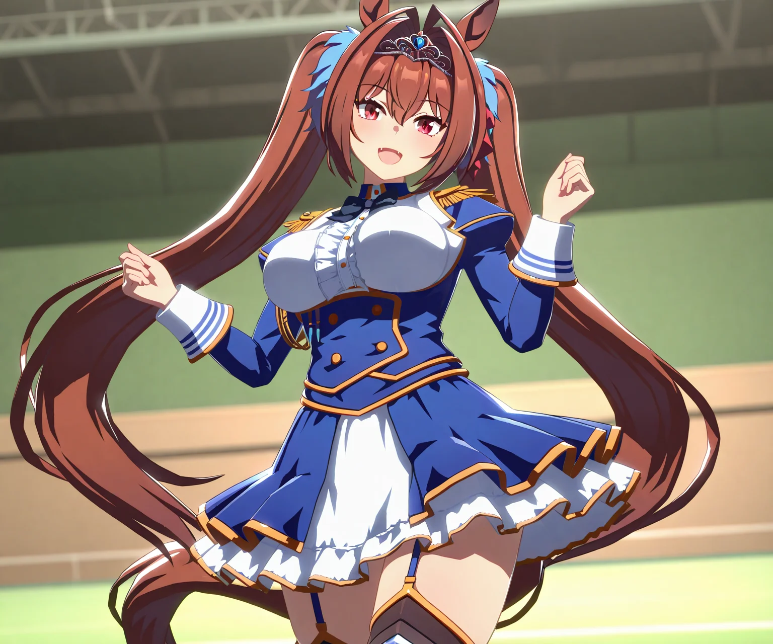 masterpiece, best quality, amazing quality, , 1girl, solo, looking at viewer, cowboy shot, smile, open mouth, <lora:Daiwa Scarlet in game style 3D:1> ummsmingame, 3d, daiwa scarlet \(umamusume\),