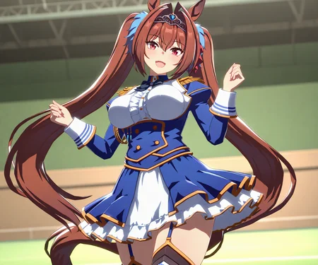 masterpiece, best quality, amazing quality, , 1girl, solo, looking at viewer, cowboy shot, smile, open mouth, <lora:Daiwa Scarlet in game style 3D:1> ummsmingame, 3d, daiwa scarlet \(umamusume\),