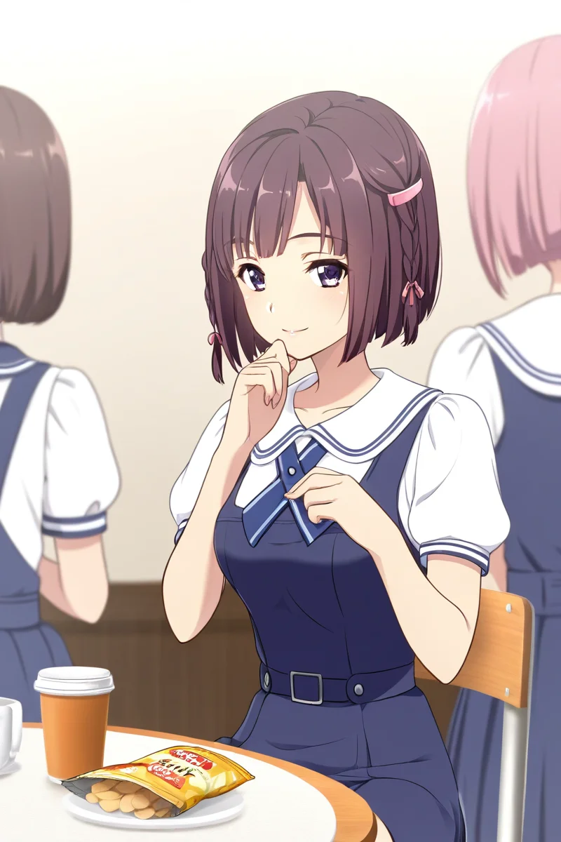 in cafe, (kimura manatsu, short hair, skirt, brown hair, shirt, single side braid hair, pink hair clip on braid, single braid on right side, bob-cut, sitting, table with snack, a cup of tea, school uniform, standing, purple eyes, white shirt, short sleeves, (blue pinafore dress), puffy sleeves, indoors, cowboy shot) 1girl, best quality, cowboy shot, seductive smile, Overall Detail, (slim, looking at viewer, young-adult), large breast, Fix hand <lora:Kimura_Manatsu_ATSK_illus:1>