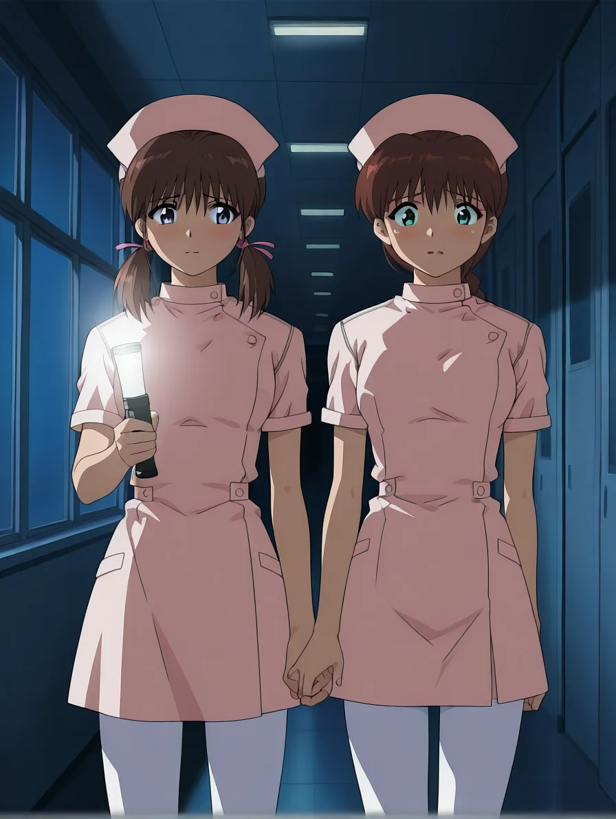 <lora:yakin-kaidan-illustrious-000004:0.9> 2girls, nurse cap, nurse, white pantyhose, side-by-side, holding hands, hallway, hospital, dark, night, dim lighting, cinematic lighting, cowboy shot, masterpiece, best quality
2girls, kod4ma, short twintails, holding flashlight, flashlight, flashlight beam, worried
2girls, miyanoshita, braided ponytail, scared