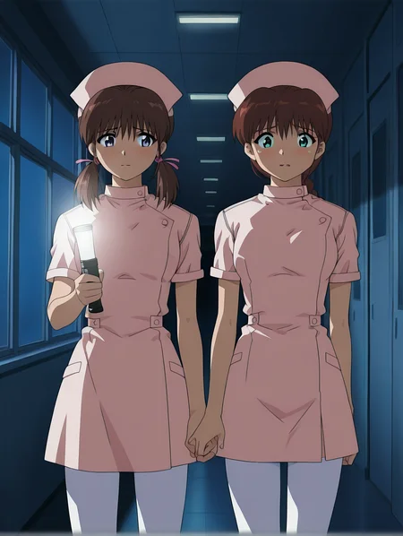 <lora:yakin-kaidan-illustrious-000004:0.9> 2girls, nurse cap, nurse, white pantyhose, side-by-side, holding hands, hallway, hospital, dark, night, dim lighting, cinematic lighting, cowboy shot, masterpiece, best quality
2girls, kod4ma, short twintails, holding flashlight, flashlight, flashlight beam, worried
2girls, miyanoshita, braided ponytail, scared