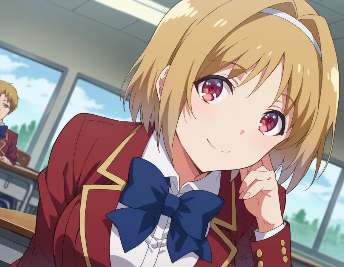 score_9, score_8_up, score_7_up, source_anime,
kikyoukushida, <lora:kikyou-kushida-s2-ponyxl-lora-nochekaiser:1>,
kikyou kushida, short hair, blonde hair, red eyes, hairband, hair intakes,
shirt, long sleeves, bow, school uniform, jacket, white shirt, bowtie, blue bow, blazer, red blazer,
indoors, classroom, smile, bent over,
looking at viewer, dutch angle, cowboy shot,
