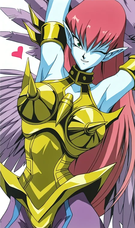 HL, 1girl, solo, retro artstyle, pink hair, long hair, green eyes, harpy, winged arms, golden armor, purple tights, purple wings, portrait, wink, heart, arms up, score_9, score_8_up, score_7_up<lora:Harpie Lady Pony XL:0.8>