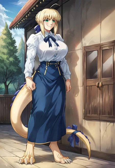 anatomicaly correct body, Score_9, score_8_up, score_7_up, score_6_up, score_5_up, score_4_up, source_anime, 1girl, solo, standing, tall female, mature female, BREAK, <lora:saber_classic-12:0.8>, artoria_pendragon, 1girl, solo, blonde hair, ribbon, hair ribbon, braid, ahoge, anime coloring, artoria pendragon (fate), saber, shirt, skirt, masterpiece, best quality, very aesthetic, huge breasts, digitigrade, long pointy ears, thick tail, long tail, dragon tail, 3 digits in feet, clawed feet, vicious claws, muscular female, smile, BREAK,