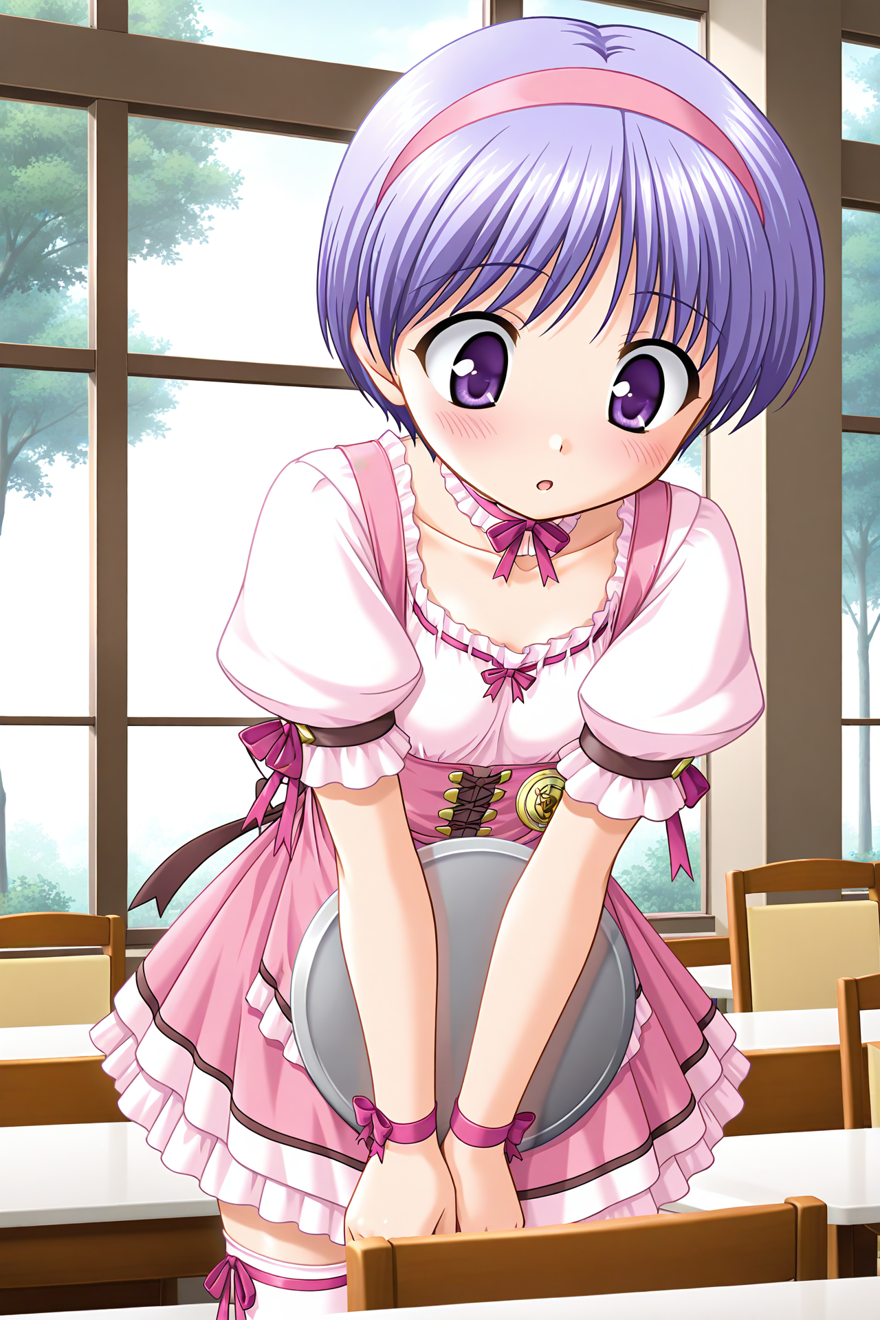 masterpiece, best quality, absurdres, official art, official style, rating general BREAK <lora:tachibanachihiro_IL_v1-3:0.7>, tachibana chihiro, 1girl, solo, purple eyes, light purple hair, short hair, bangs, flat chest, waitress, pink hairband, collarbone, pink bow, ribbon choker, pink dress, pinafore dress, short dress, frilled dress, pink shirt, ribbon-trimmed shirt, puffy short sleeves, wrist ribbon, badge, brown back ribbon, pink skirt, frilled skirt, petticoat, zettai ryouiki, pink thighhighs, leg ribbon, blush, window, holding tray, indoors, cowboy shot, standing, leaning forward, cafeteria, chair, table, tree, day, :o, open mouth, looking down, dutch angle