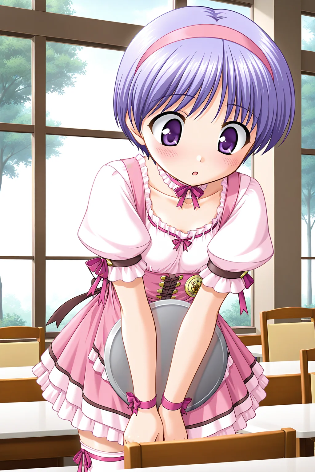masterpiece, best quality, absurdres, official art, official style, rating general BREAK <lora:tachibanachihiro_IL_v1-3:0.7>, tachibana chihiro, 1girl, solo, purple eyes, light purple hair, short hair, bangs, flat chest, waitress, pink hairband, collarbone, pink bow, ribbon choker, pink dress, pinafore dress, short dress, frilled dress, pink shirt, ribbon-trimmed shirt, puffy short sleeves, wrist ribbon, badge, brown back ribbon, pink skirt, frilled skirt, petticoat, zettai ryouiki, pink thighhighs, leg ribbon, blush, window, holding tray, indoors, cowboy shot, standing, leaning forward, cafeteria, chair, table, tree, day, :o, open mouth, looking down, dutch angle