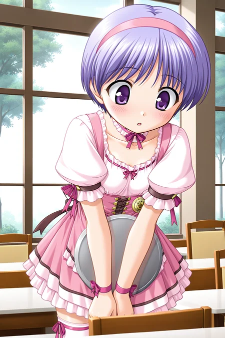 masterpiece, best quality, absurdres, official art, official style, rating general BREAK <lora:tachibanachihiro_IL_v1-3:0.7>, tachibana chihiro, 1girl, solo, purple eyes, light purple hair, short hair, bangs, flat chest, waitress, pink hairband, collarbone, pink bow, ribbon choker, pink dress, pinafore dress, short dress, frilled dress, pink shirt, ribbon-trimmed shirt, puffy short sleeves, wrist ribbon, badge, brown back ribbon, pink skirt, frilled skirt, petticoat, zettai ryouiki, pink thighhighs, leg ribbon, blush, window, holding tray, indoors, cowboy shot, standing, leaning forward, cafeteria, chair, table, tree, day, :o, open mouth, looking down, dutch angle