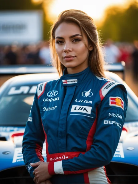 A dynamic cinematic photograph of Jenna_Sims_P_MXAI_SDXL:1.2 , wearing a full race-car driver suit, standing next to a race-car, winking expression,, SK_CINEMATIC, ziprealism