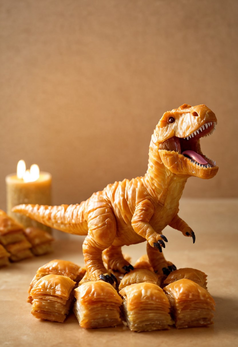 dinosaur, t-rex, warm light style, made of baklava
