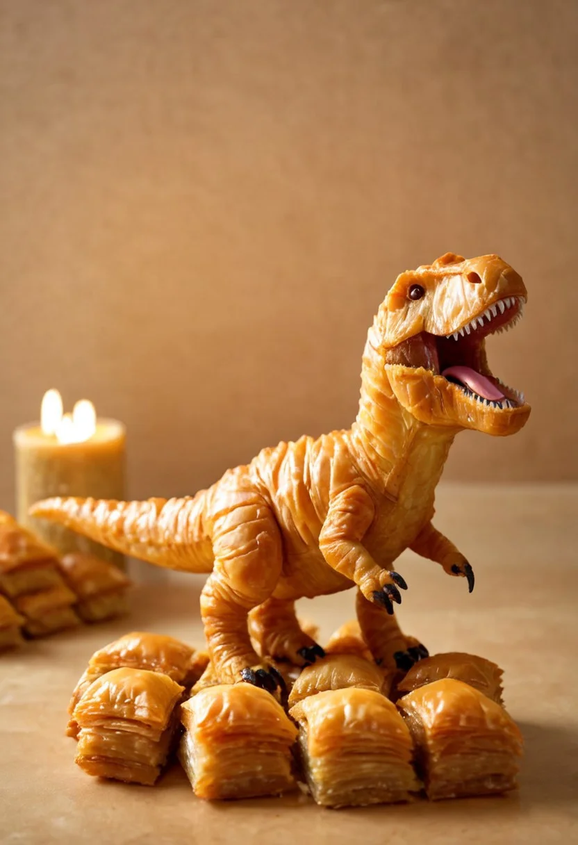 dinosaur, t-rex, warm light style, made of baklava