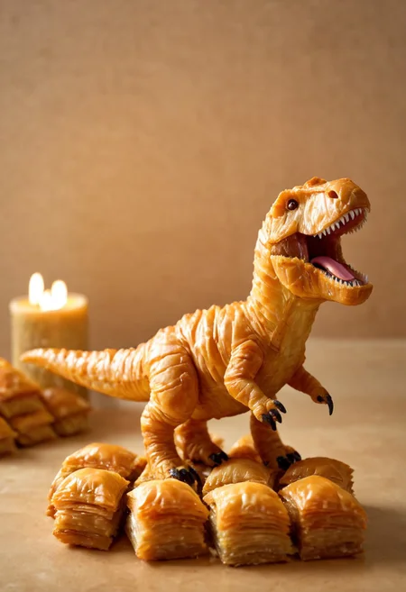 dinosaur, t-rex, warm light style, made of baklava