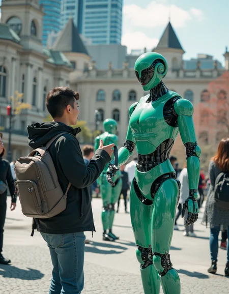 touch of verdigris style photograph, advanced humanoid robots are interacting with humans in a busy metropolitan square, all portrayed the sleek lines and vibrant energy