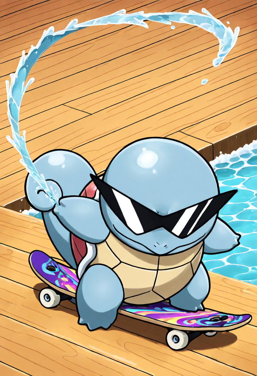 masterpiece, best quality, no humans, solo,    SquirtleSwag, sunglasses,    riding a skateboard across a wet boardwalk, trailing water in its wake, shades perfectly in place despite the speed.   ,<lora:SquirtleSunglasses_IXL:1.0>,