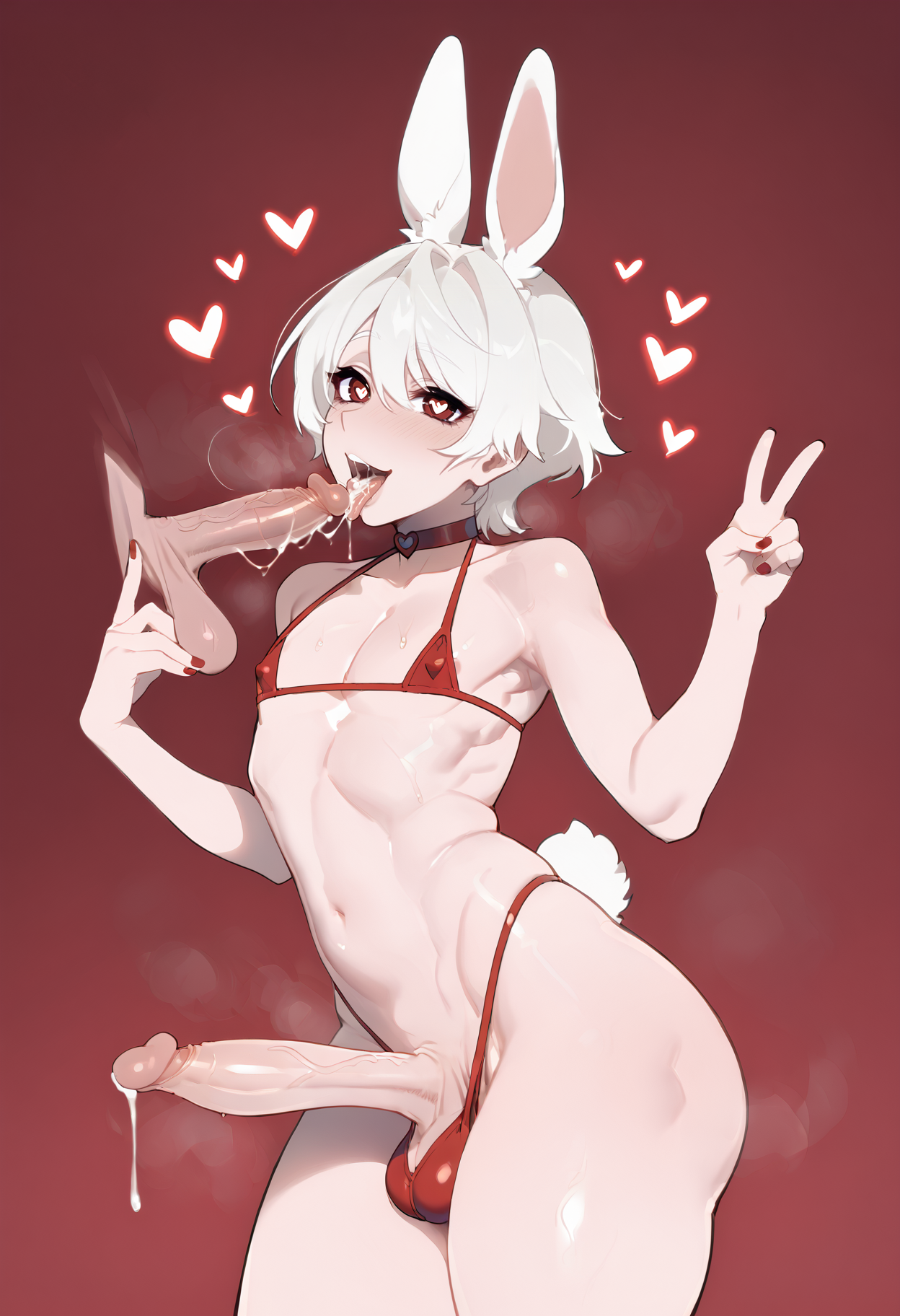 (score_9, score_8_up, score_7_up, score_6_up), best quality, source_anime BREAK, matemi, 1boy, red eyes, pale skin, white hair, short hair, rabbit ears, micro bikini, penis, testicles, male focus, thick thighs, red background, cum in mouth, open mouth, tongue out, heart-shaped pupils, v, steaming body, yaoi, <lora:matemi:1>,
