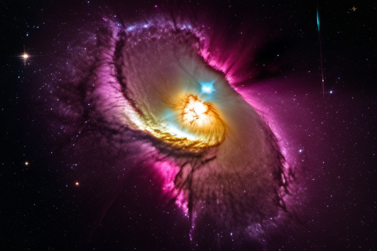 a brilliant and vivid supernova. two large jets of cosmic radiation shoot out violently from the former stars poles. (8k, high resolution, extreme detail), color gradation, exquisite details, sharp focus, intricate details, taken with a CANON EOS R6 camera, 18mm lens