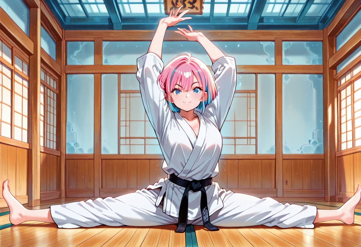 masterpiece,best quality,amazing quality,armsupsplit, arms up, 1girl, solo, barefoot,multicolored hair, blue eyes, smile, looking at viewer,dougi, black belt, belt, indoors