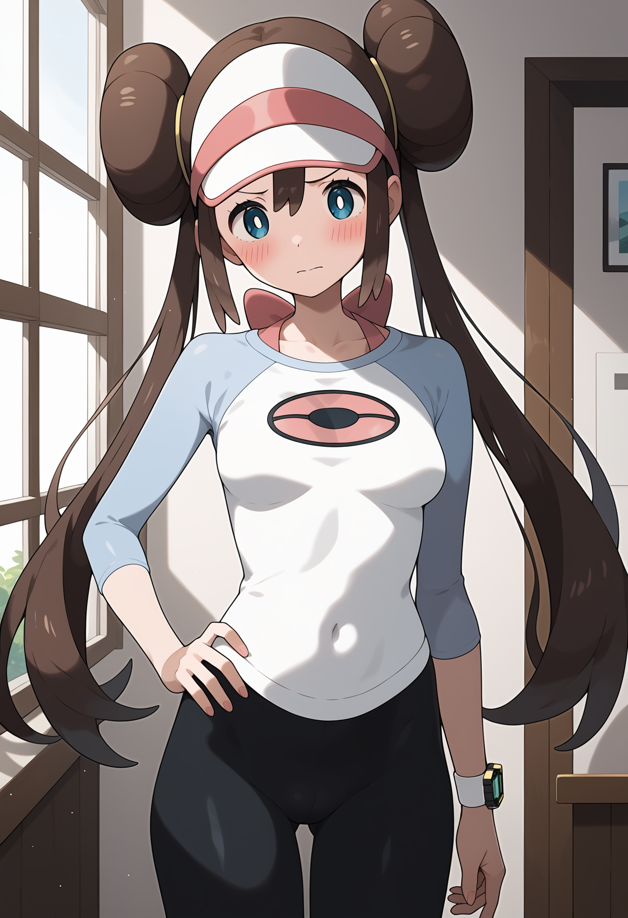 score_9, score_8_up, score_7_up, score_6_up, score_5_up, score_4_up, source_anime, aarosa, long hair, brown hair, double bun, twintails, visor cap, blue eyes, medium breasts, collarbone, pink bow, shirt, raglan sleeves, wristwatch, no pants, black pantyhose, <lora:rosa_(pokemon)_ponyxl_v1:0.9>, standing, cowboy shot, indoors, embarrassed, blush, hand on own hip,