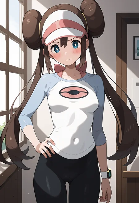 score_9, score_8_up, score_7_up, score_6_up, score_5_up, score_4_up, source_anime, aarosa, long hair, brown hair, double bun, twintails, visor cap, blue eyes, medium breasts, collarbone, pink bow, shirt, raglan sleeves, wristwatch, no pants, black pantyhose, <lora:rosa_(pokemon)_ponyxl_v1:0.9>, standing, cowboy shot, indoors, embarrassed, blush, hand on own hip,