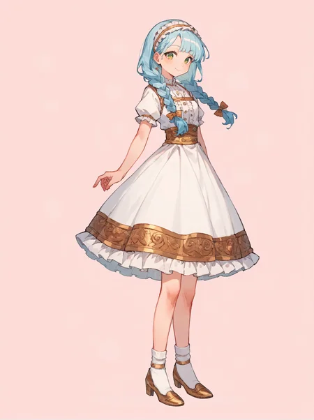 score_8_up, score_7_up, score_6_up, source_anime, 1girl, solo, simple background, pink background,
standing, pose, contrapposto, arched back, facing viewer, (full body:1.5)
smile, Braided Headband, Light blue hair
<lora:Shoes_02:1> white socks, Golden Copper footwear
white dress, frilly dress
