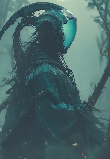 a mystical, and high-resolution image of an anthropomorphic Elysium knightess with translucent turquoise Blue helmet visor, The character should be depicted in a manga cover style with wealthy portraiture and poster art elements. Volumetric lighting, The image should feature rich colors and high contrast, focusing on the best quality, official art, and a beautiful and aesthetic appearance. wearing Sci-fi clothes and armor, holding a sheathed light scythe. The character should have tattoos, muscular abs, shoulder armor, mystic Ethereal moon forest lake in the background. Emphasize a samurai theme with a detailed background and floral elements.