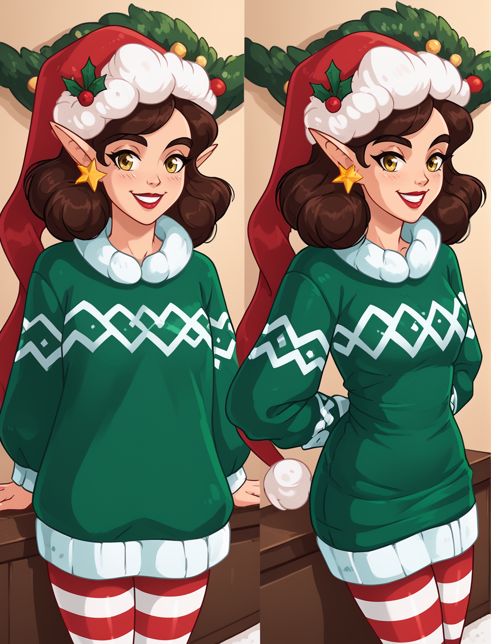 score_9, score_8_up, score_7_up, best quality, 2d, masterpiece, PenelopeTheElf, 1girl, solo, brown hair, yellow eyes, pointy ears, red lips, baggy green sweater, striped pantyhose, star earrings, santa hat, christmas decoration, indoors, cozy, looking at viewer, dynamic angle, standing, cowboy shot, PajChall, multiple views, arms behind back, smile, teeth, waist, hips, sitting on present, from side, <lora:PenelopeTheElf:0.8> <lora:PajamasChallenge_pdxl_Incrs_v1:1>