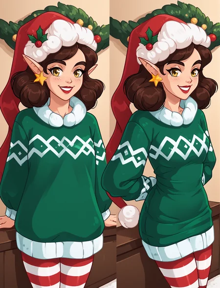 score_9, score_8_up, score_7_up, best quality, 2d, masterpiece, PenelopeTheElf, 1girl, solo, brown hair, yellow eyes, pointy ears, red lips, baggy green sweater, striped pantyhose, star earrings, santa hat, christmas decoration, indoors, cozy, looking at viewer, dynamic angle, standing, cowboy shot, PajChall, multiple views, arms behind back, smile, teeth, waist, hips, sitting on present, from side, <lora:PenelopeTheElf:0.8> <lora:PajamasChallenge_pdxl_Incrs_v1:1>
