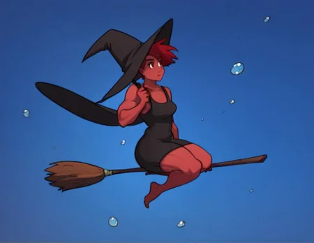 score_9, score_8_up, score_7_up, score_9, score_8_up, score_7_up, qc, \bubbles\, red hair, short hair, colored skin, red skin, red eyes, muscular female, muscle mommy, thick thighs, thick body, black dress, witch hat, broomstick, flying, night