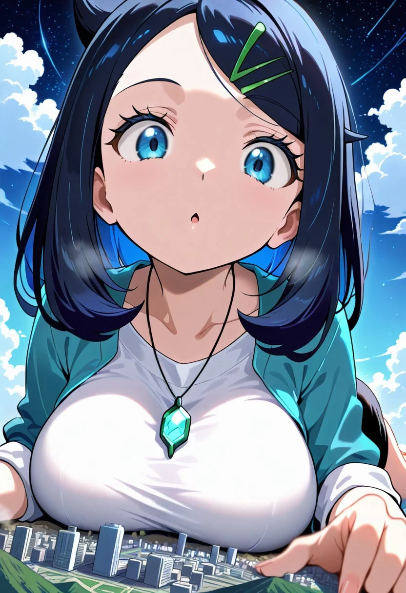 score_9, score_8_up, score_7_up,source_anime, 1girl, adult, women, aaliko, medium hair, black hair, colored inner hair, hairclip, blue eyes, collarbone, necklace, white shirt, blue jacket, open jacket, sleeves rolled up, high-waist shorts, black shorts, laying down on stomach, eyelashes, big breasts, (facial expression, happy, head tilt, soft eyes), dreamlike atmosphere, detailed eyes, high definition eyes, blurry foreground, giantess, masterpiece, best quality, absurdres, ultra detailed, from below, back, dutch angle, looking down, cityscape, cloud, micro city, micro people, demolition, mountain, space,