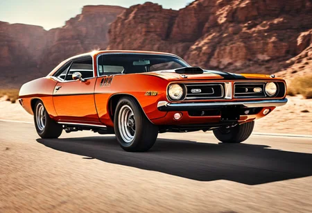 Creates an ultra-realistic, highly detailed image of a 1970 Plymouth AAR 'cuda car. (Interstate 76 Picard Piranha) orange with black stripes on the hood. The car has large caliber machine guns on the roof. Image captured on a desert road, natural light. Image layered in motion with motion blur.