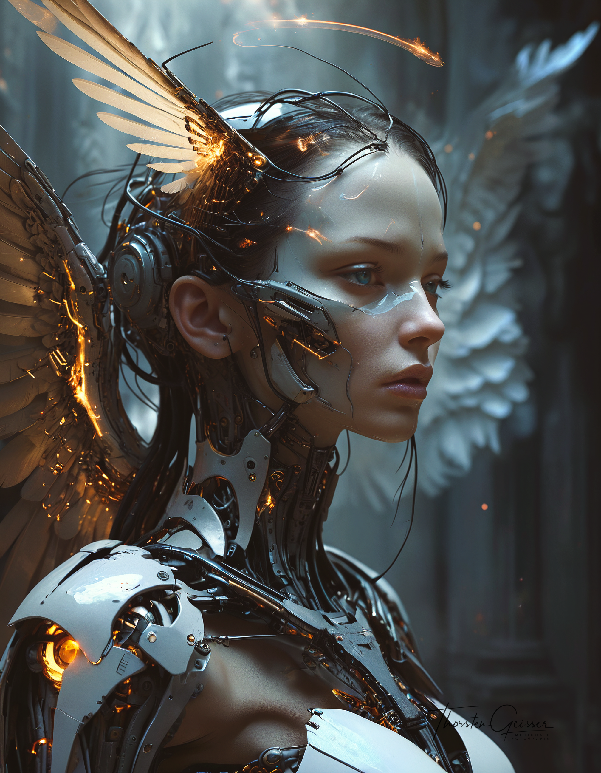 biomechanical cyberpunk A photorealistic portrait of a merciless archangel, their face a vision of divine beauty and unwavering resolve. Their eyes, windows to a soul hardened by countless battles, burn with an intensity that pierces through the veil of reality. Their expression is a symphony of conflicting emotions: righteous fury, unwavering determination, and a hint of sorrow for the fallen. Their wings, a majestic expanse of shimmering feathers, are spread wide, casting a shadow of divine judgment upon the world. The background is a maelstrom of celestial energy, swirling with nebulae, stars, and distant galaxies, creating a sense of infinite power and cosmic scale. The lighting is dramatic, highlighting the archangel's sculpted features and the intricate details of their flowing hair and wings. The overall effect is one of awe and reverence,  <lora:MJ52.safetensors:0.60>   . cybernetics, human-machine fusion, dystopian, organic meets artificial, dark, intricate, highly detailed