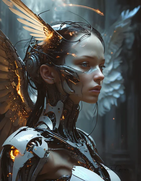 biomechanical cyberpunk A photorealistic portrait of a merciless archangel, their face a vision of divine beauty and unwavering resolve. Their eyes, windows to a soul hardened by countless battles, burn with an intensity that pierces through the veil of reality. Their expression is a symphony of conflicting emotions: righteous fury, unwavering determination, and a hint of sorrow for the fallen. Their wings, a majestic expanse of shimmering feathers, are spread wide, casting a shadow of divine judgment upon the world. The background is a maelstrom of celestial energy, swirling with nebulae, stars, and distant galaxies, creating a sense of infinite power and cosmic scale. The lighting is dramatic, highlighting the archangel's sculpted features and the intricate details of their flowing hair and wings. The overall effect is one of awe and reverence, <lora:MJ52.safetensors:0.60> . cybernetics, human-machine fusion, dystopian, organic meets artificial, dark, intricate, highly detailed