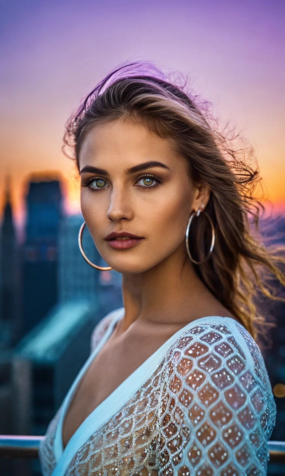 rmuller, Ron Fricke style, Photography, stvmccrr, stvmccrr style, perfection, perfect, detailed, detailed style perfection style, bokeh, intricate sharp details, ultra high res, masterpiece, realism, realistic, cinematic still, magic hour, purple sky, beautiful fashion model, sharp bone structure, hazel eyes, big silver hoop earrings, long volume hair flowing in the wind, new york city roof top, neon signs behind, bokeh, depth of field, masterpiece, embedding:Stable_Yogis_PDXL_Positives,