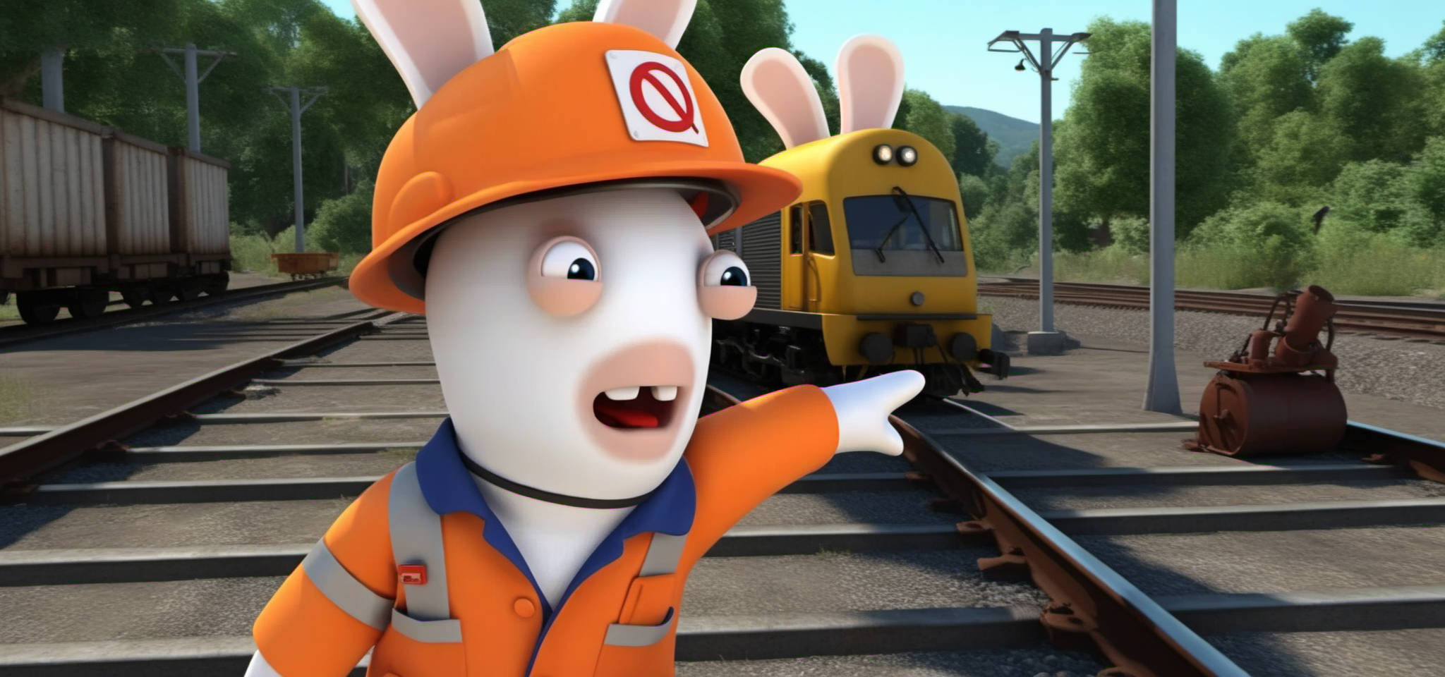 a rabbit, dressed with an orange hardhat and orange workwear, train, railroad, highly detailed, photography, ultra sharp, film, professional, 64k  <lora:LapinsCrétins1024-000175:0.8> <lora:add-detail-xl:1.5>