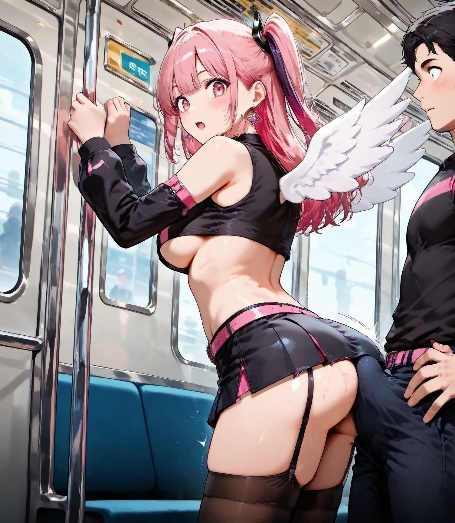 masterpiece,best quality,amazing quality,very aesthetic,absurdres,newest, huge filesize,
<lora:spo_sdxl_10ep_4k-data_lora_webui:0.5>,
1girl, multiple girls, 
metro train interior, golden hour , 1girl, toned body, light_skin, oiled up skin, large_ass, ((girl is standing)), surprised:0.5, confused expression, looking back, girl hands up on handrail,standing buttjob:0.5, bouncing ass on cock, BREAK , 1man, hetero, backview, (erection under pants), rubbing erection bulge on girl ass, man hands up on handrail, standing pressing hips on girl ass, grinding erection bulge on girl ass, dry humping,from side,  crowded,
<lora:Rubbing_erection_on_ass:1>
black hair guy,sexual harassment, 
BREAK
<lora:mikarinil:0.9>
 purple horizontal stripes shirt,
mikarin, long hair, breasts, bangs, skirt, shirt, thighhighs, navel, bare shoulders, jewelry, medium breasts,  (pink hair and purple hair, multicolored hair female), earrings, boots, detached sleeves, wings, sleeveless, midriff, belt, black thighhighs, miniskirt, black skirt pink eyes ,black footwear, two side up, crop top ,black shirt sleeveless shirt ,underboob, garter straps  , pink belt,