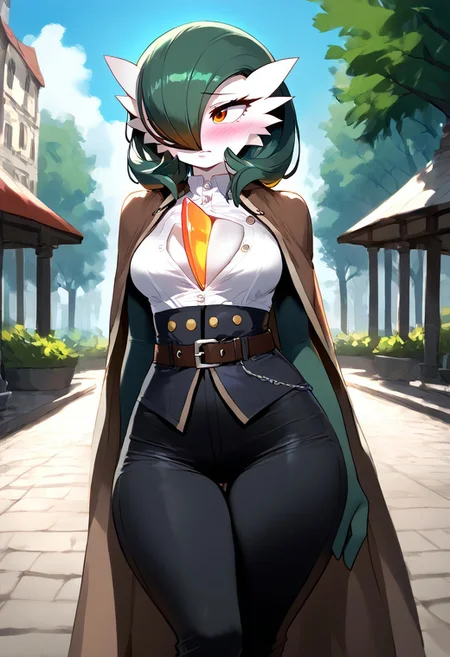 (((gardevoir))), female, anthro, porcelain white skin,, (score_9, score_8_up, score_7_up, high quality, best quality, ultra-detailed, very aesthetic, illustration, perfect composition, intricate details, absurdres, high res image, masterpiece, vibrant colors, beautiful face, detailed face, 1girl, solo focus, perfect eyes, detailed eyes), female, gardevoir, black hair, high ponytail, long hair, slanted eyes, narrow eyes, black eyes, pale skin,  large thighs, perfect body, fit body, medium breasts, curvy body, narrow-waisted, wide hips, (belt, belt buckle, black pants, black ribbon, brown cape, buckle, buttons, cape, pants, ribbon-trimmed cape, white shirt), (blushing, looking away, embarrassed), (outdoors, fantasy, park, town)