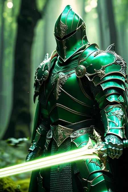 Cinematic shot of a knight wearing a green armor, holding green glowing sword by the handle, sword pointing down, fairy forest with mushrooms in background, reflective light, HKStyle, HD, masterpiece, best quality, hyper detailed, ultra detailed, super realistic